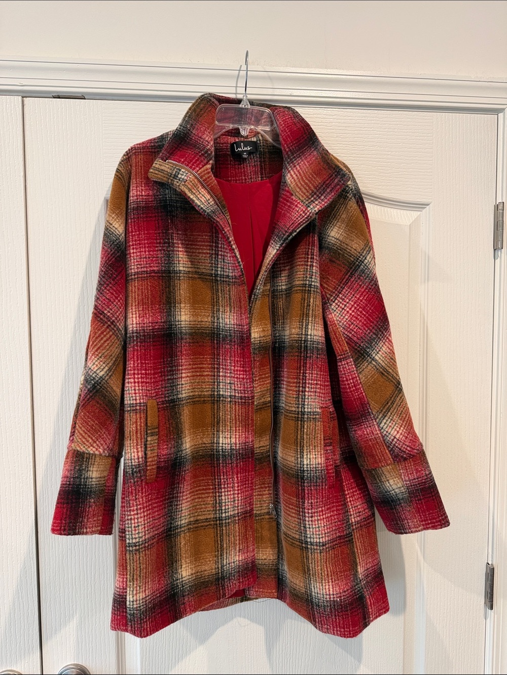 Lulu's Red, Brown & Black Plaid Pea Coat